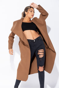 Brown Maxi Length Oversized Belted Waterfall Coat