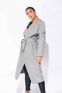 Grey Maxi Length Oversized Belted Waterfall Coat