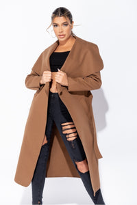Brown Maxi Length Oversized Belted Waterfall Coat