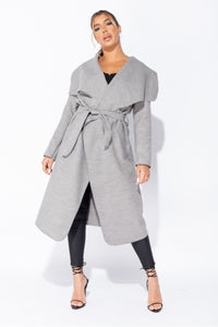 Grey Maxi Length Oversized Belted Waterfall Coat